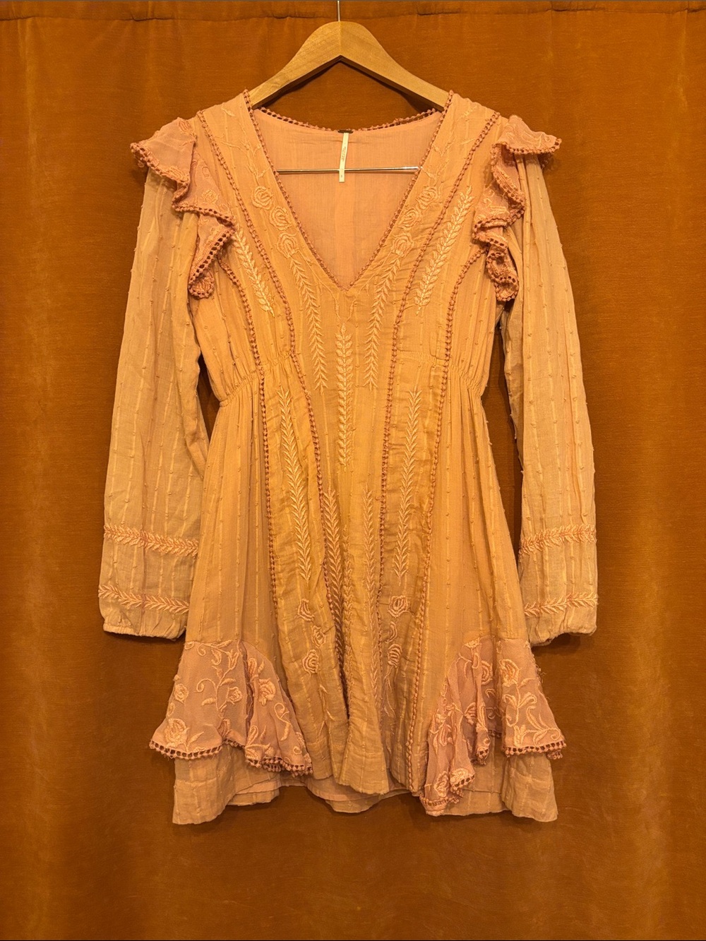Free People Peach Embroidered Long-Sleeve Dress